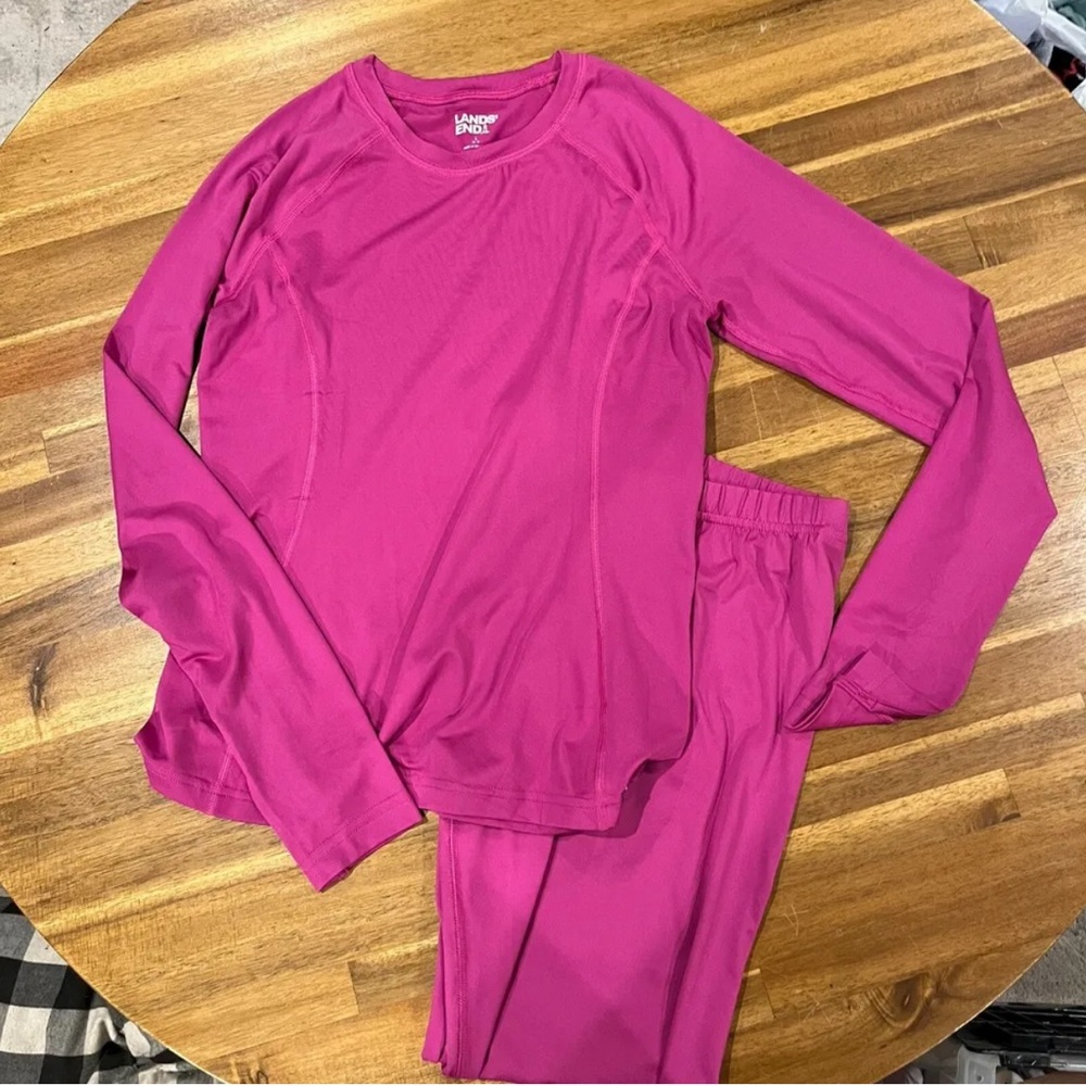 Lands End Girls Pink Thermal Baselayer Set Skiing Cold Weather 10-12 L